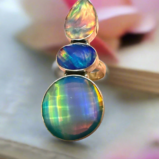 Three Stone Aurora Opal Faceted Handmade Sterling Silver Ring Adjustable