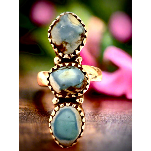 Golden Hills Turquoise Three Stone 1” Long Sterling Size 6-10