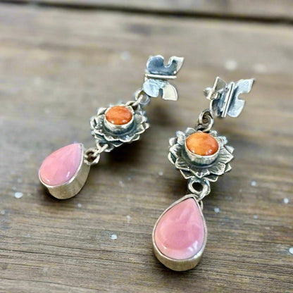 Pink Conch & Spiny Oyster Butterfly Sterling Dangle Earrings