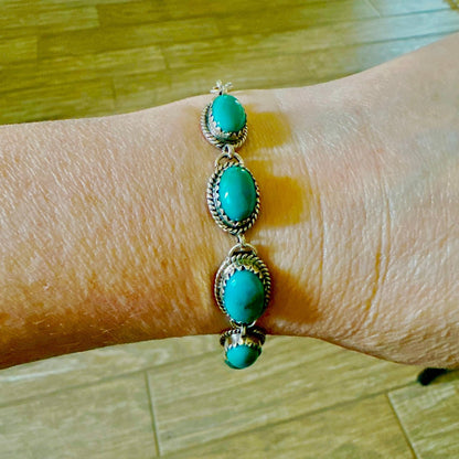 Turquoise Five Stone Sawtooth Sterling Silver Bracelet Adjustable 7”