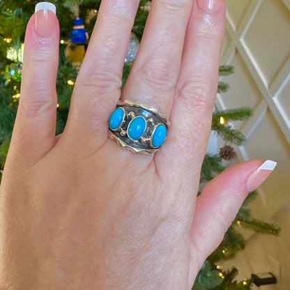 Kingman Turquoise 3 Stone Southwestern Band .925 Silver Size 8.5