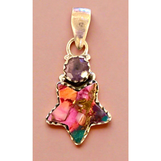 Pink Spiny Oyster & Amethyst Celestial Star Pendant Sterling Silver
