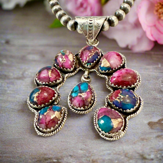 Pink Dahlia, Spiny Oyster Naja Southwestern Sterling Silver Pendant 2.25”