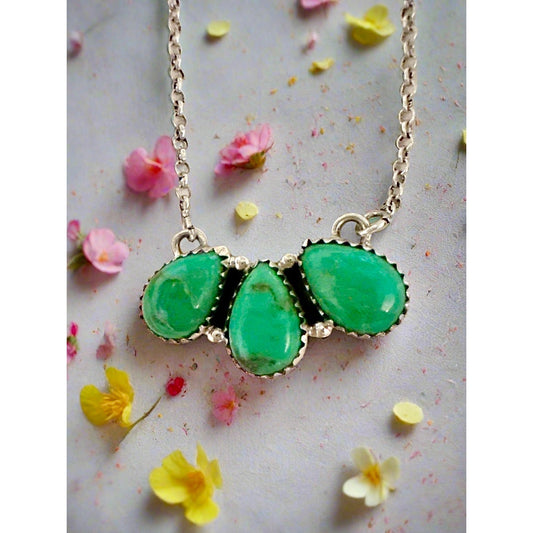 Green Mohave Turquoise Southwestern Three Stone Bar Necklace 18”