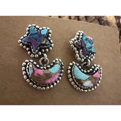 Cotton Candy Turquoise Star Moon Dangle Earrings 1”