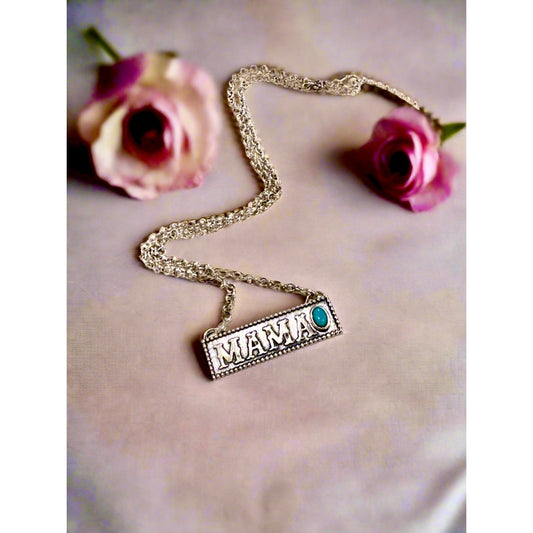 Turquoise “Mama” Bar Necklace Sterling Silver 18” Adjustable