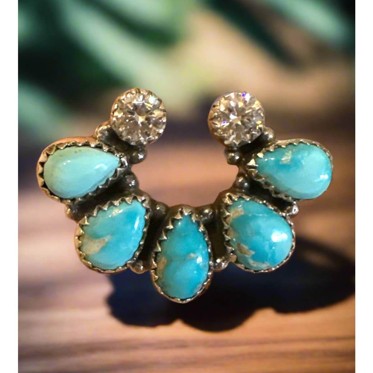 Bluebird Turquoise & Genuine Moissanite Diamond Naja Southwestern Ring Adjustable