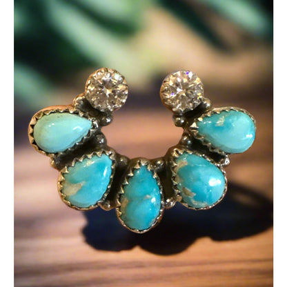 Bluebird Turquoise & Genuine Moissanite Diamond Naja Southwestern Ring Adjustable