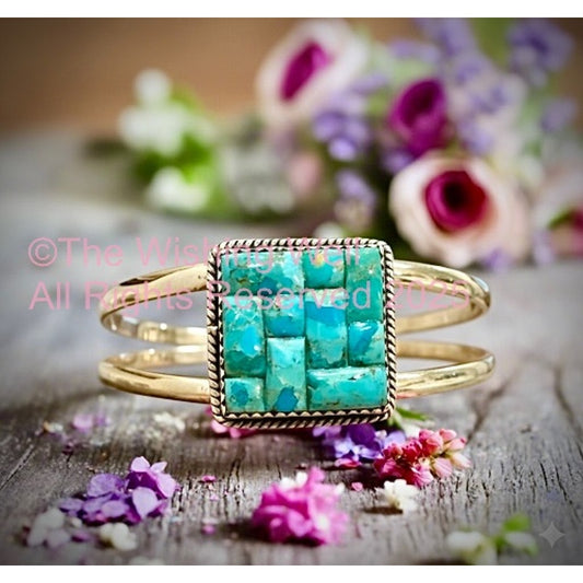 Kingman Turquoise | Grid Inlay Mosaic Square | Cuff Bracelet Size 6-8