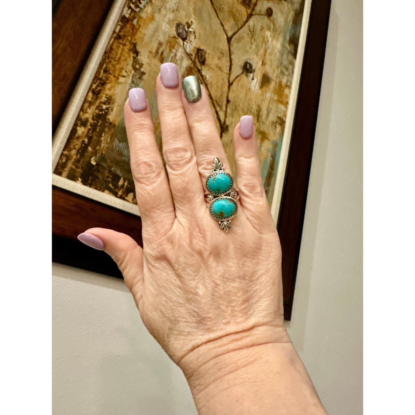 Kingman Turquoise Two Stone Southwestern Ring Size 6