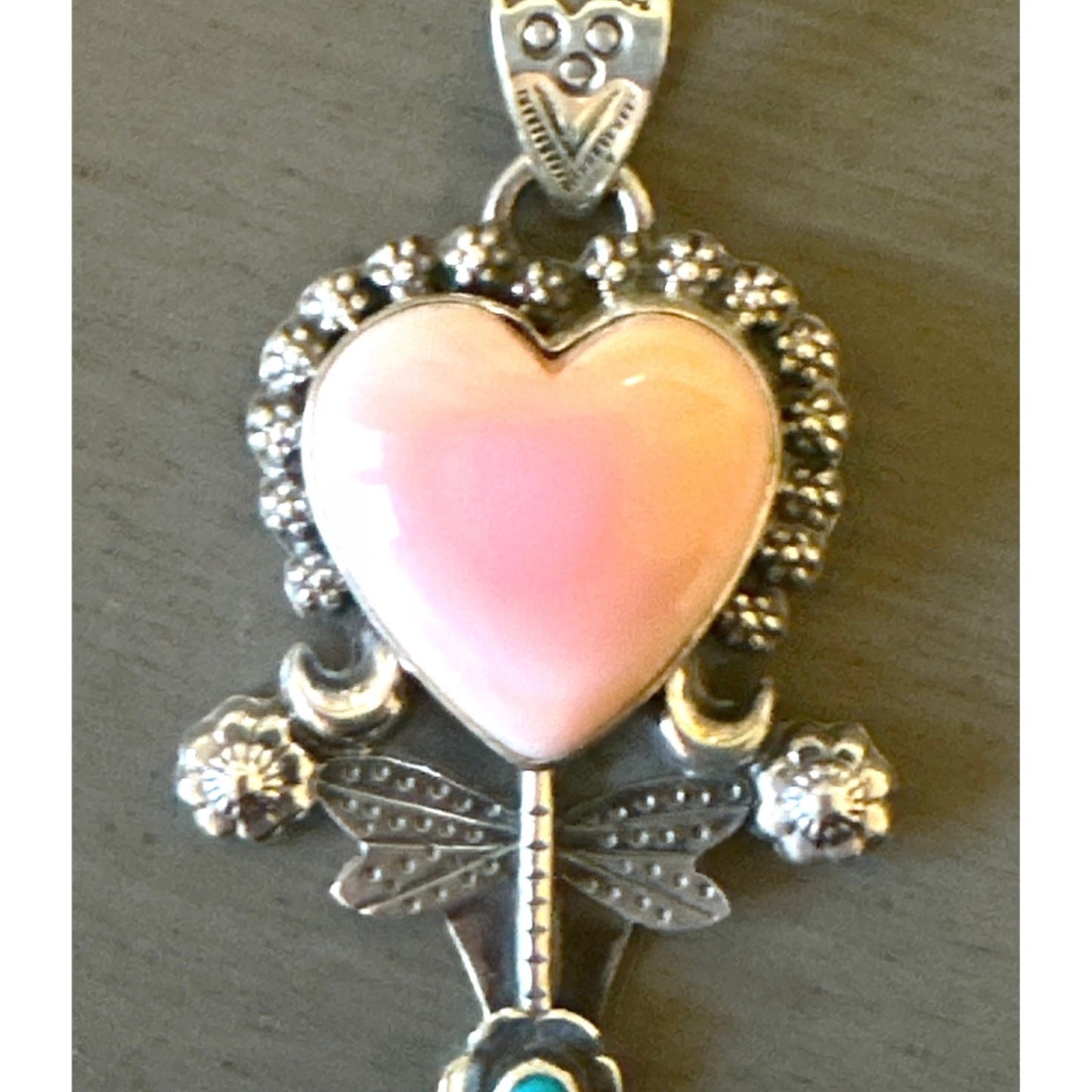 Pink Conch & Turquoise Heart & Dragonfly .925 Pendant.