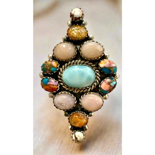 Larimar Opal Spiny Oyster Cluster Southwestern Ring Adjustable 5-12
