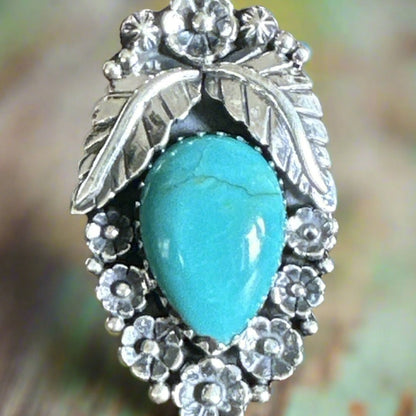 Kingman Turquoise Southwestern Leaf & Flower Ring Size 10.5