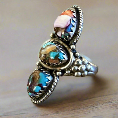 Spiny Oyster Pink Dahlia Turquoise Three Stone Long Ring 8.5