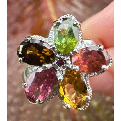 Size 8 Tanzanite, Citrine, Rhodolite, Peridot Flower Ring in .925 Sterling Silve
