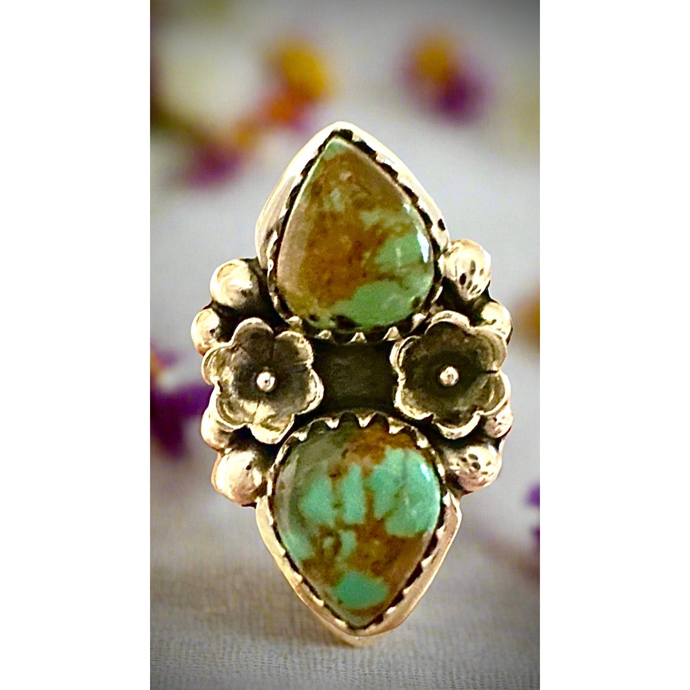 Royston Two Stone Teardrop Floral Sterling Ring Size 7