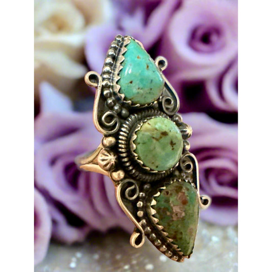 Three Stone Teardrop Pear Turquoise Southwestern Ring Size 10