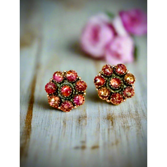 Red Rose Dahlua Cluster Stud Earrings Sterling Silver