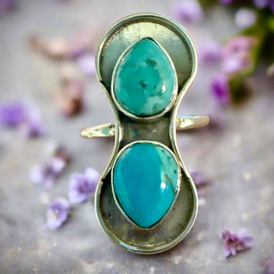 Mohave Two Stone Teardrop Sterling Silver Ring Size 8
