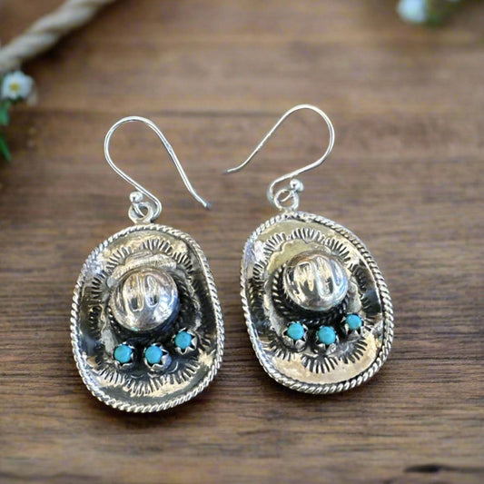 Turquoise Cowboy/Cowgirl Hat Earrings 1” Long Dangle