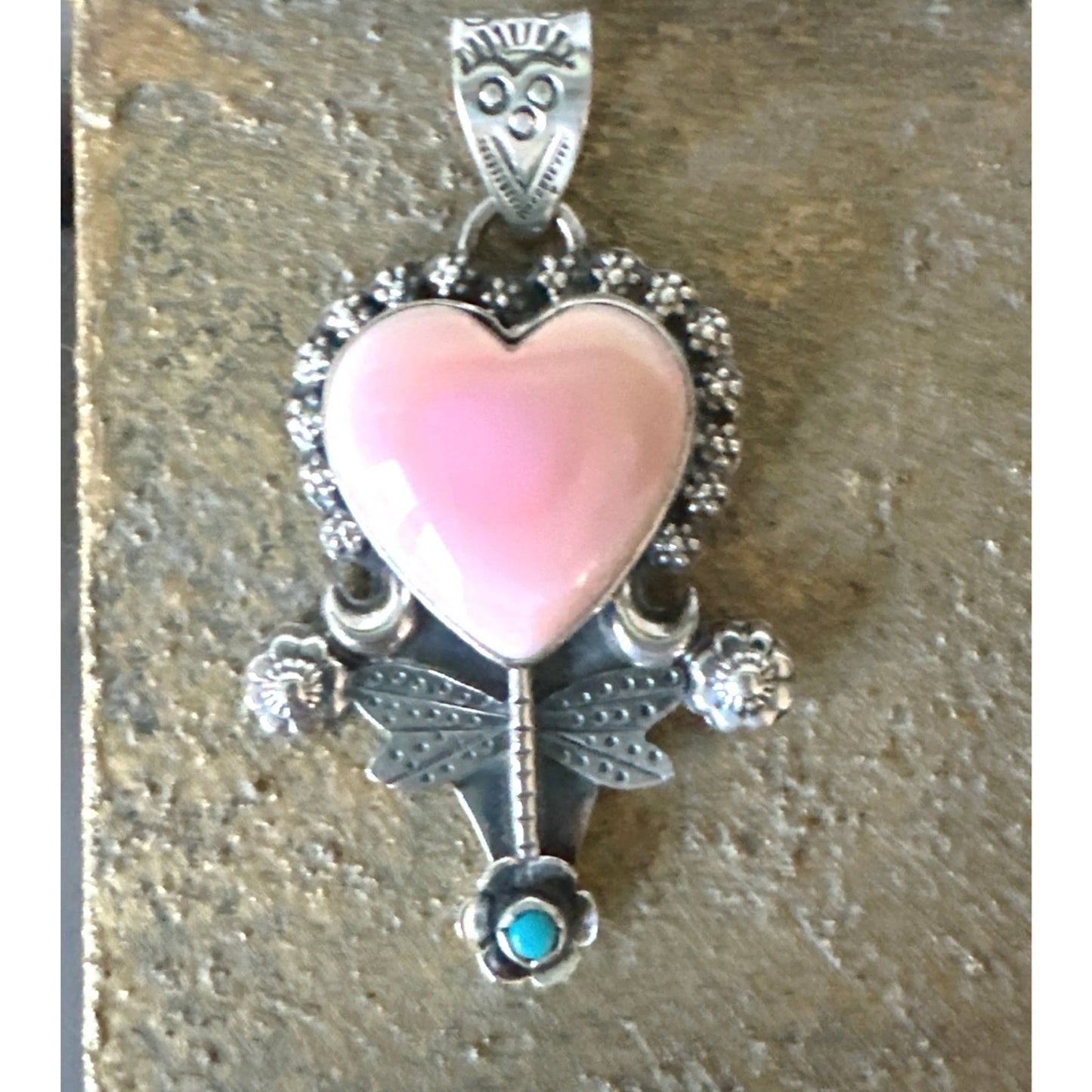 Pink Conch & Turquoise Heart & Dragonfly .925 Pendant.