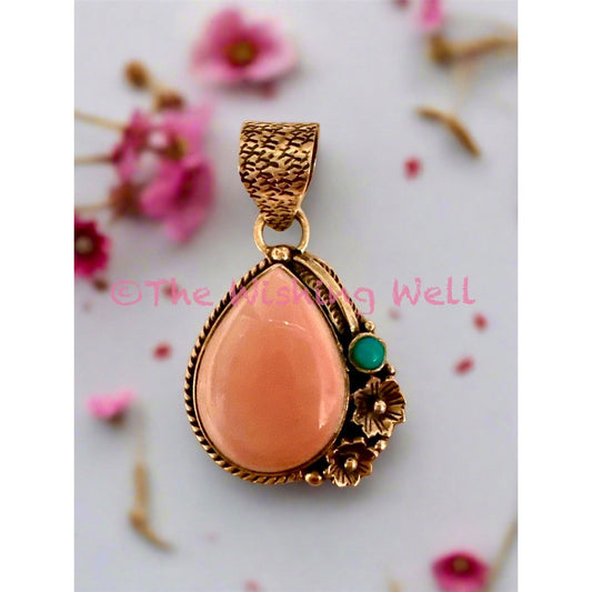Queen Pink Conch & Turquoise Teardrop | Pendant | Sterling Silver 1.6” Long