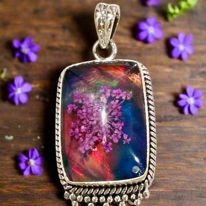 Aurora Opal & Pressed Flowers Artisan Southwestern Pendant 1.25”
