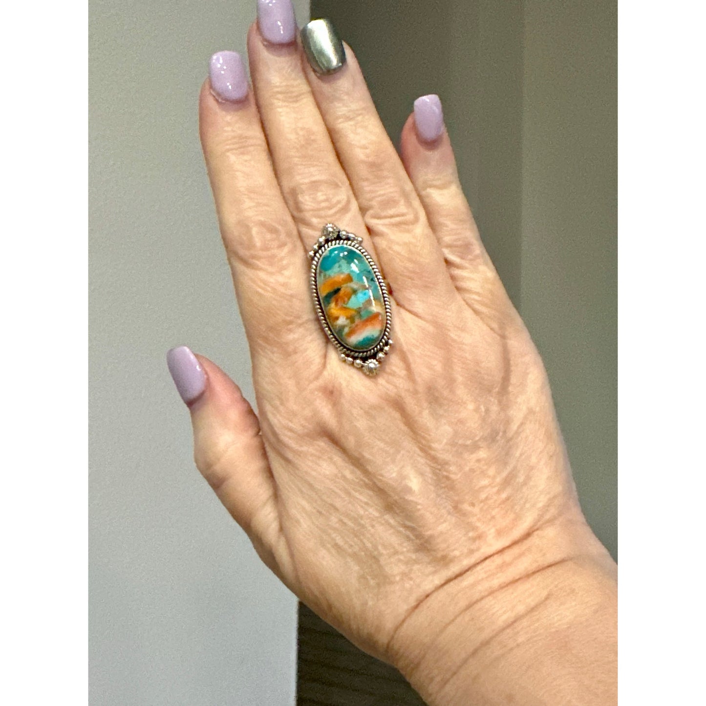 Spiny Oyster Oval Rope Design Southwestern Sterling Silver Ring Size 9