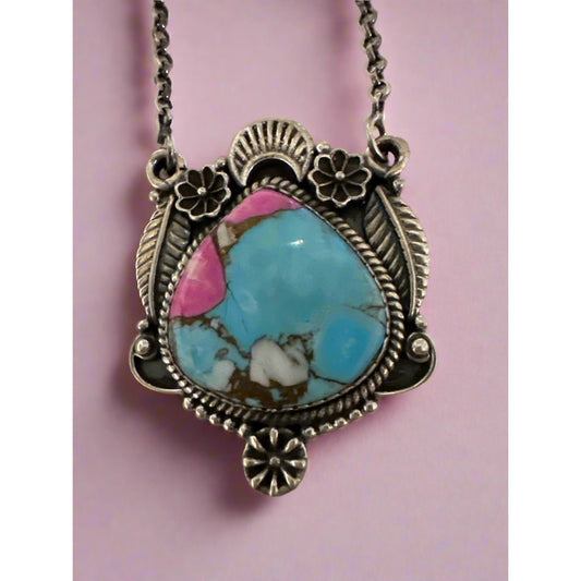Cotton Candy Floral Moon Sterling Silver Adjustable Necklace 18”