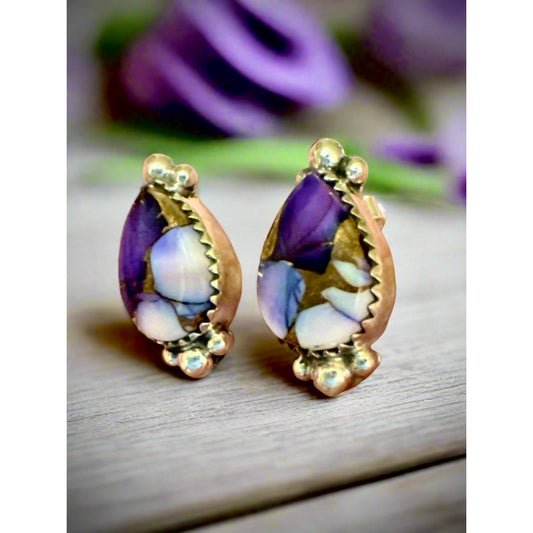 Purple Copper Turquoise Teardrop Earrings 1/2” Long Sterling Silver