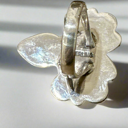 Onyx & Pink Conch Dragonfly Sterling Silver Ring Size 8.25