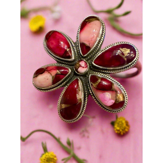 Red Rose Dahlia Flower Cluster Rope Design Ring Size 8