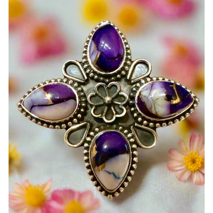 Purple Copper Dahlia Turquoise Sterling Silver Ring Size 8