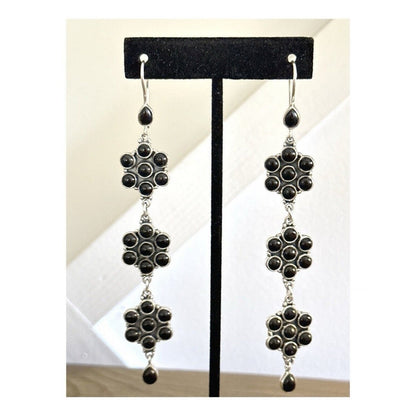 Southwestern Natural Onyx .925 Sterling Dangle Flower Earrings 4.5” Long!