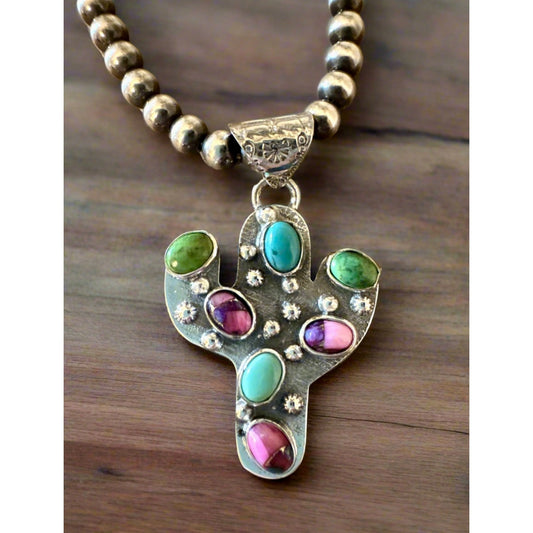 Green Blue Turquoise & Red Rose Dahlia Cactus Pendant 1.25” Long Sterling .925