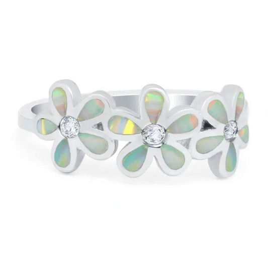 Plumeria Flower Ring Band Lab Created White Opal Solid 925 Sterling Silver (8mm)