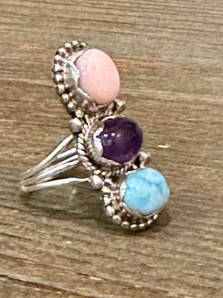 Larimar, Amethyst & Pink Opal Three Stone Bohemian Size 8