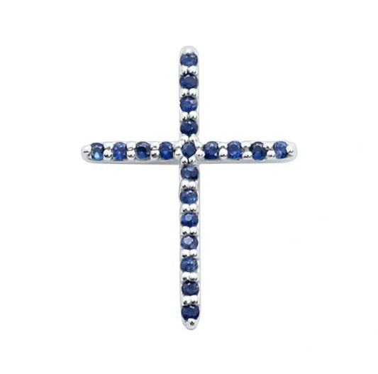 Solid 14K Gold Sapphire Diamond Cross Pendant 0.12CT. Virgo Birthstone