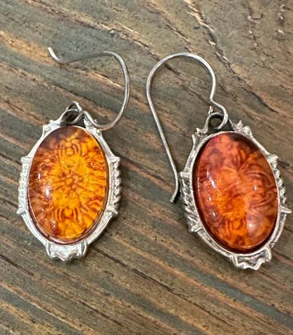 Vintage estate natural amber 925 sterling silver dangle earrings marked JC.