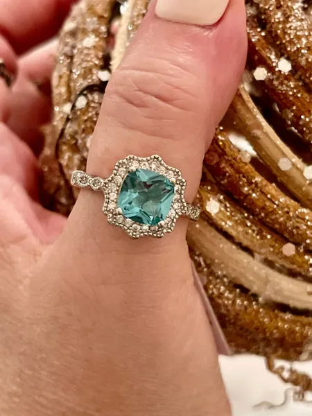 Halo Engagement Ring Cushion Simulated Aquamarine CZ .925 Sterling Silver Ring
