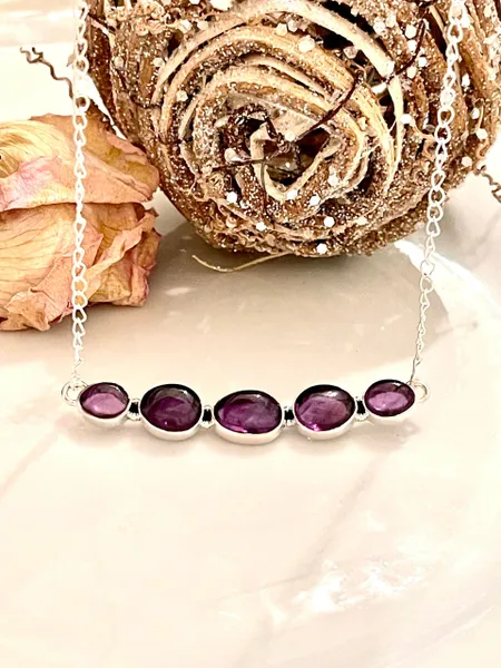 Natural 5 Stone Amethyst & 925 Solid Sterling Silver Necklace 16-18”