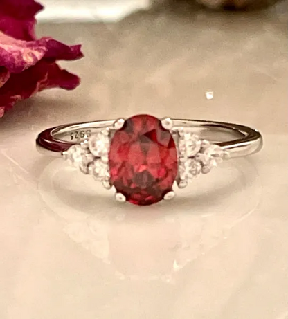 Oval cut Simulated Garnet CZ 925 sterling silver ring