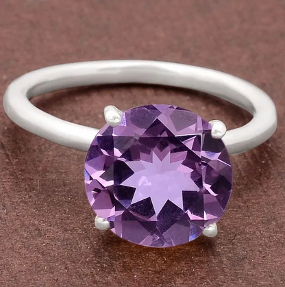 3.87CT Natural Amethyst Round Solitaire Ring size 8.5