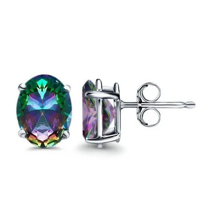 Art deco oval earrings solitaire stud earrings simulated rainbow CZ .925 8MM