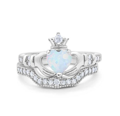Wedding band set heart lab created white opal 95 solid silver Irish Claddah Rings