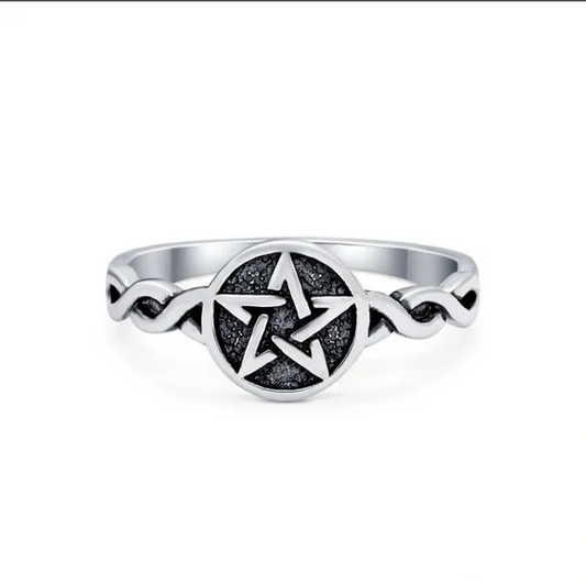 Twisted Braided Shank Oxidized Pentagram Star Ring Band Solid 925 Solid Sterling Silver