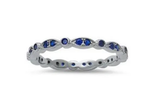 Stackable Ring Round Simulated Blue Sapphire Cubic Zirconia 925 Sterling Silver