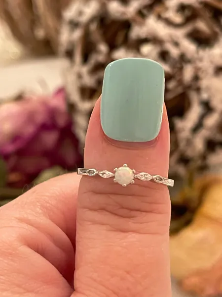 Petite, dainty engagement ring marquee lab white opal 925 solid silver ring