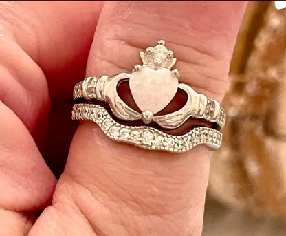 Wedding band set heart lab created white opal 95 solid silver Irish Claddah Rings