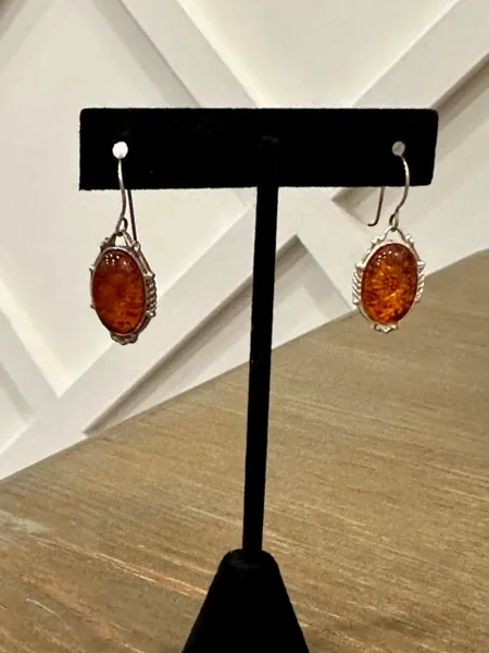 Vintage estate natural amber 925 sterling silver dangle earrings marked JC.